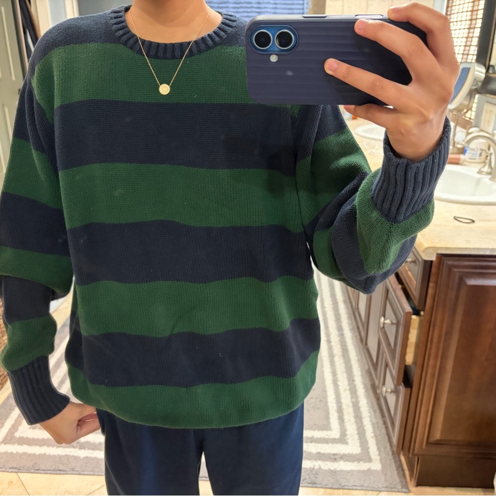 Brandy Melville Green and Black Striped Crewneck Sweater